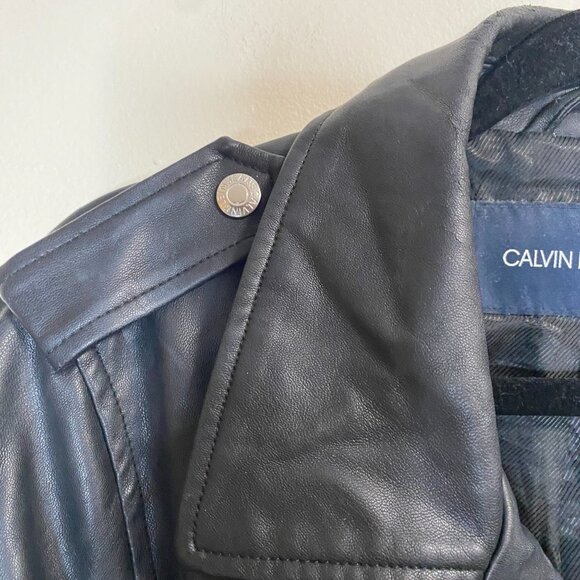 Calvin Klein Jeans Women's Black Faux Leather Jacket Large Moto Style Zip Pocket - Picture 9 of 14